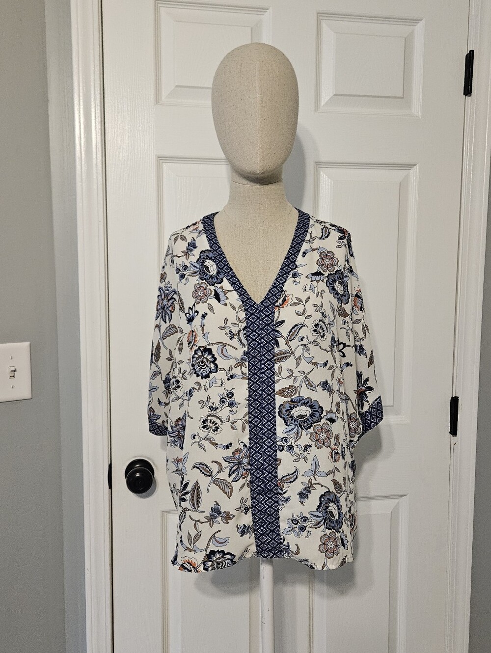 W5 White Blouse with Blue Floral Print and Navy Trim